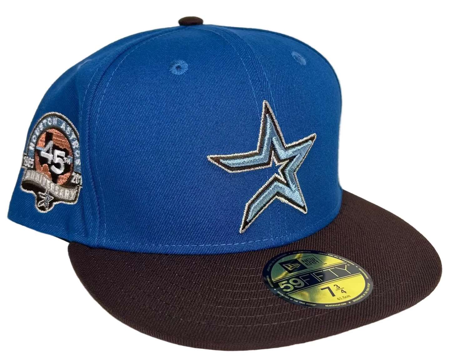New Era Houston Astros 45th Anniversary 59FIFTY Fitted Hat featuring a blue crown and brown brim.