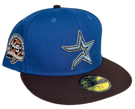 New Era Houston Astros 45th Anniversary 59FIFTY Fitted Hat featuring a blue crown and brown brim.