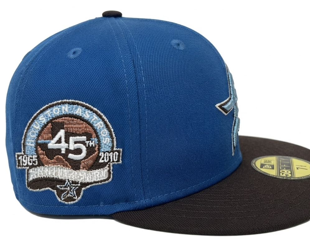 New Era Houston Astros 45th Anniversary 59FIFTY Fitted Hat featuring a blue crown and brown brim.