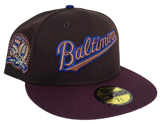 New Era 59FIFTY Baltimore Orioles "Could've Been BMore"  Rushmore exclusive fitted hat featuring a distinct brown crown and maroon visor.