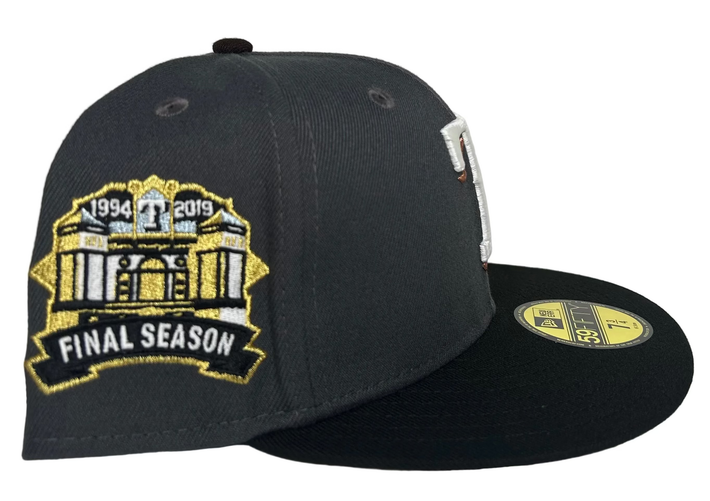 Texas Rangers Graphite and Black Final Season Patch Gray UV New Era 59FIFTY Fitted Hat.