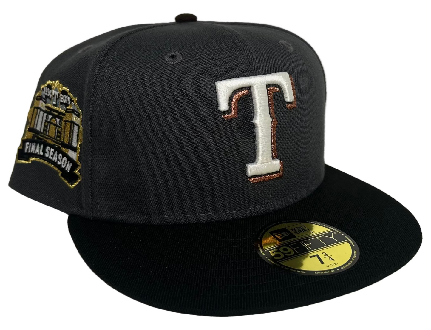 Texas Rangers Graphite and Black Final Season Patch Gray UV New Era 59FIFTY Fitted Hat.