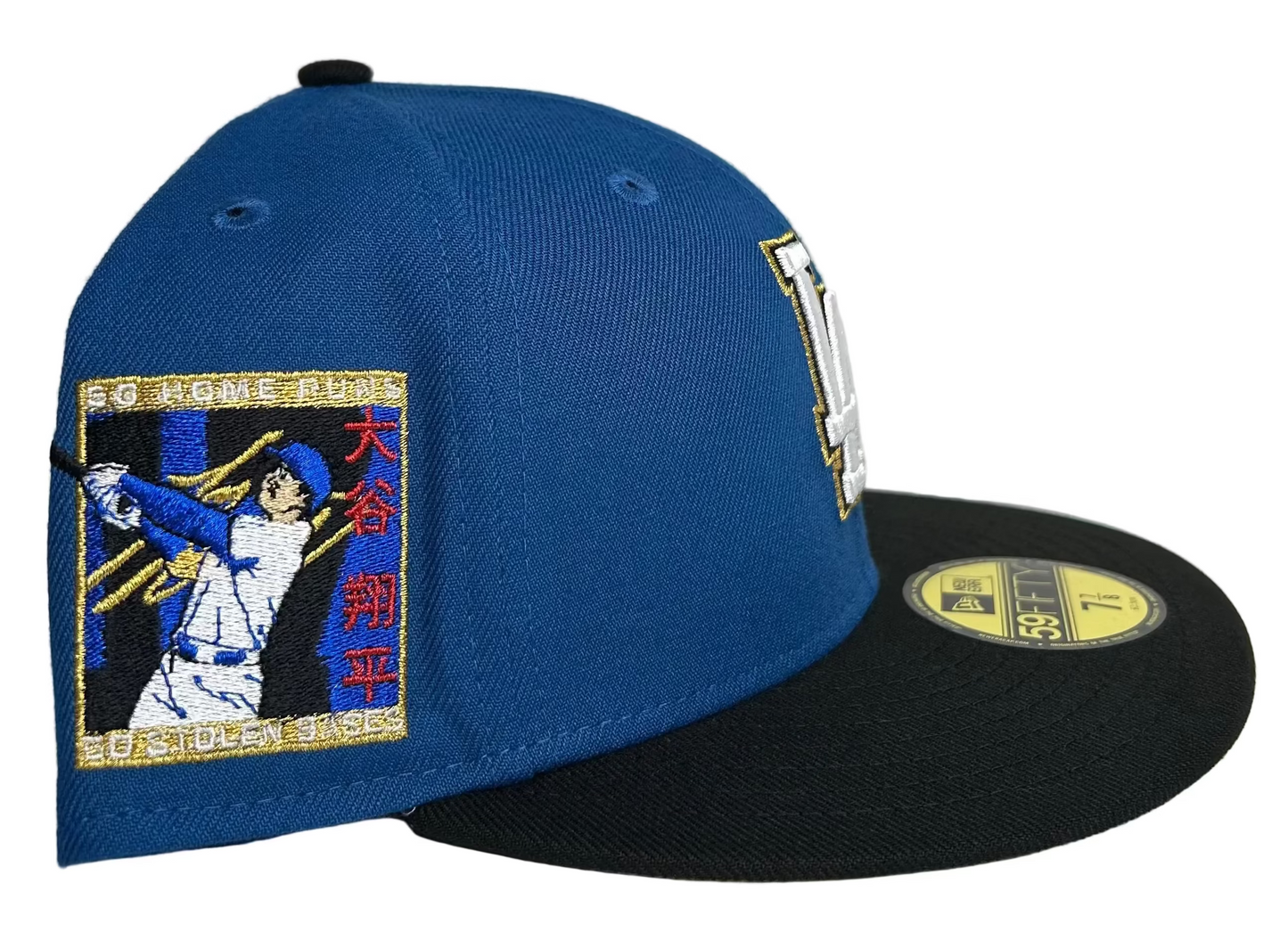 New Era 59FIFTY fitted hat features a royal blue crown, a black visor, and a special Shohei Ohtani side patch.