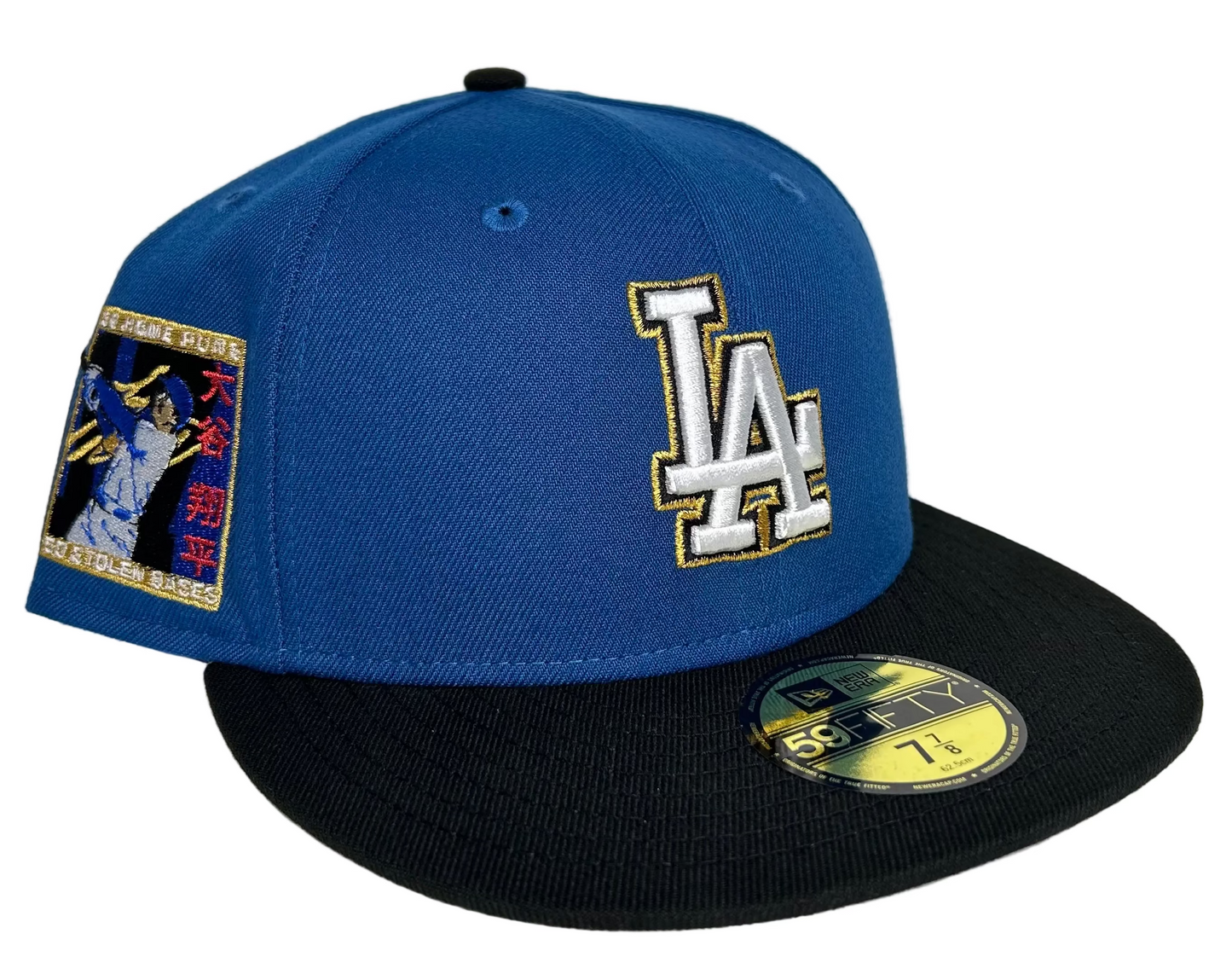 New Era 59FIFTY fitted hat features a royal blue crown, a black visor, and a special Shohei Ohtani side patch.