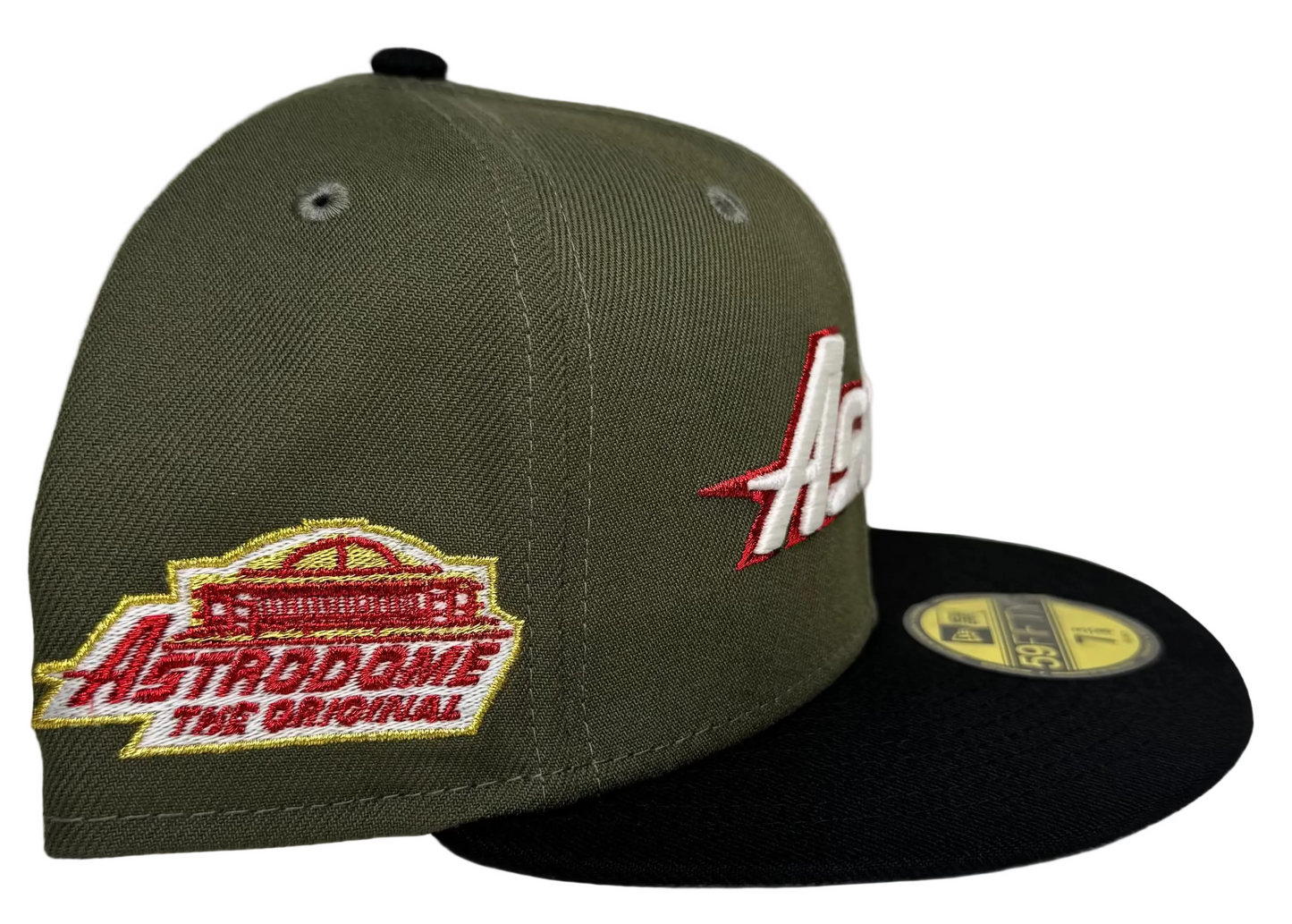New Era Houston Astros 59FIFTY fitted hat featuring a distinct olive canvas crown and a black brim.