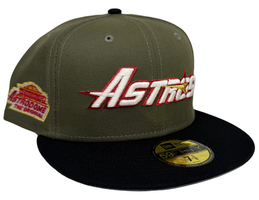 New Era Houston Astros 59FIFTY fitted hat featuring a distinct olive canvas crown and a black brim.