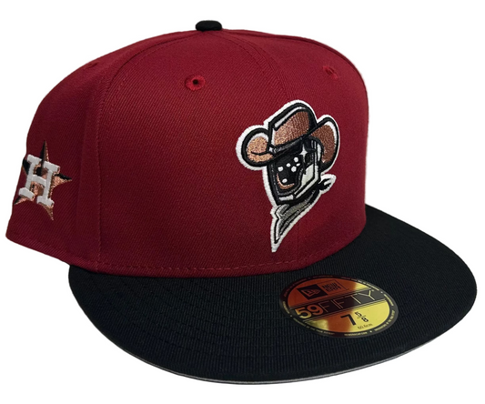 New Era Sugar Land Space Cowboys 59Fifty fitted hat features a maroon crown and black visor.