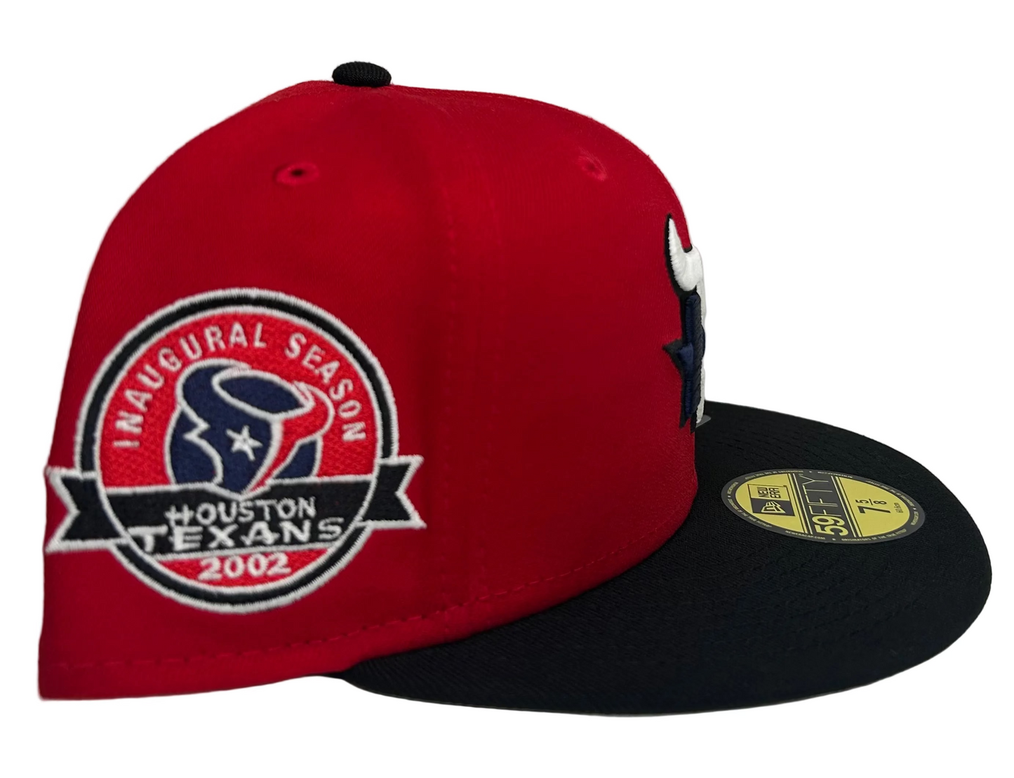 New Era 59Fifty fitted cap features a prominent Houston Texans logo and a 2002 inaugural season side patch.