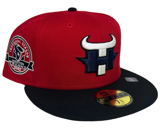 New Era 59Fifty fitted cap features a prominent Houston Texans logo and a 2002 inaugural season side patch.