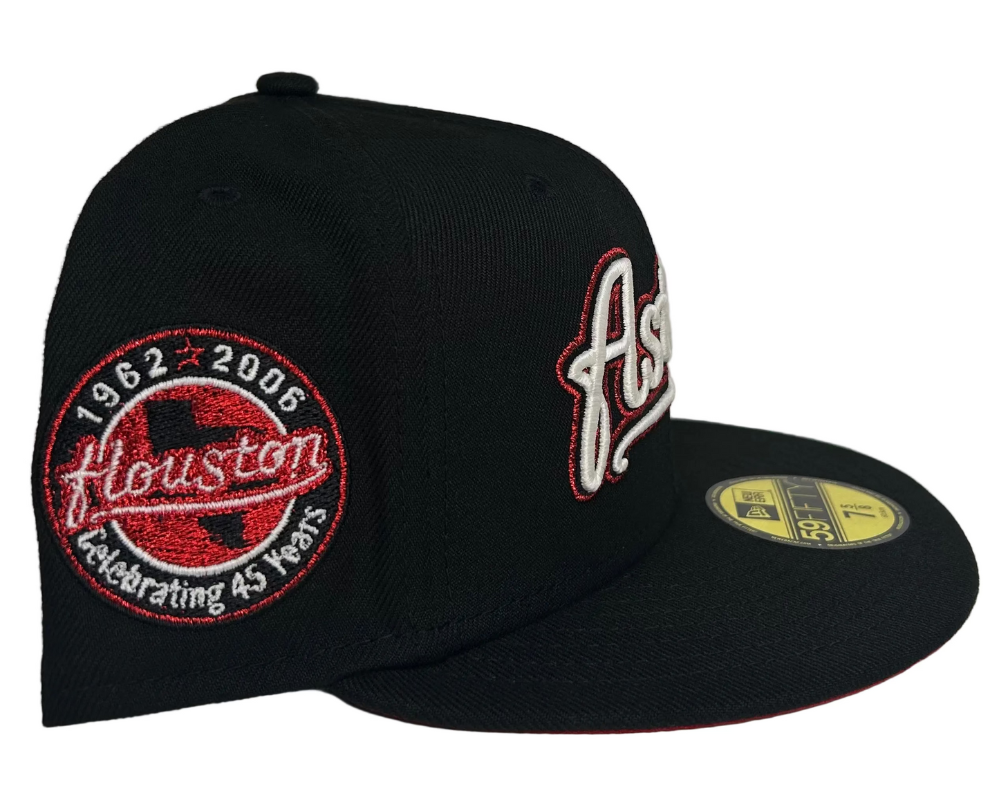 New Era Houston Astros 59FIFTY fitted hat featuring a script logo and a "Celebrating 45 Years" side patch.