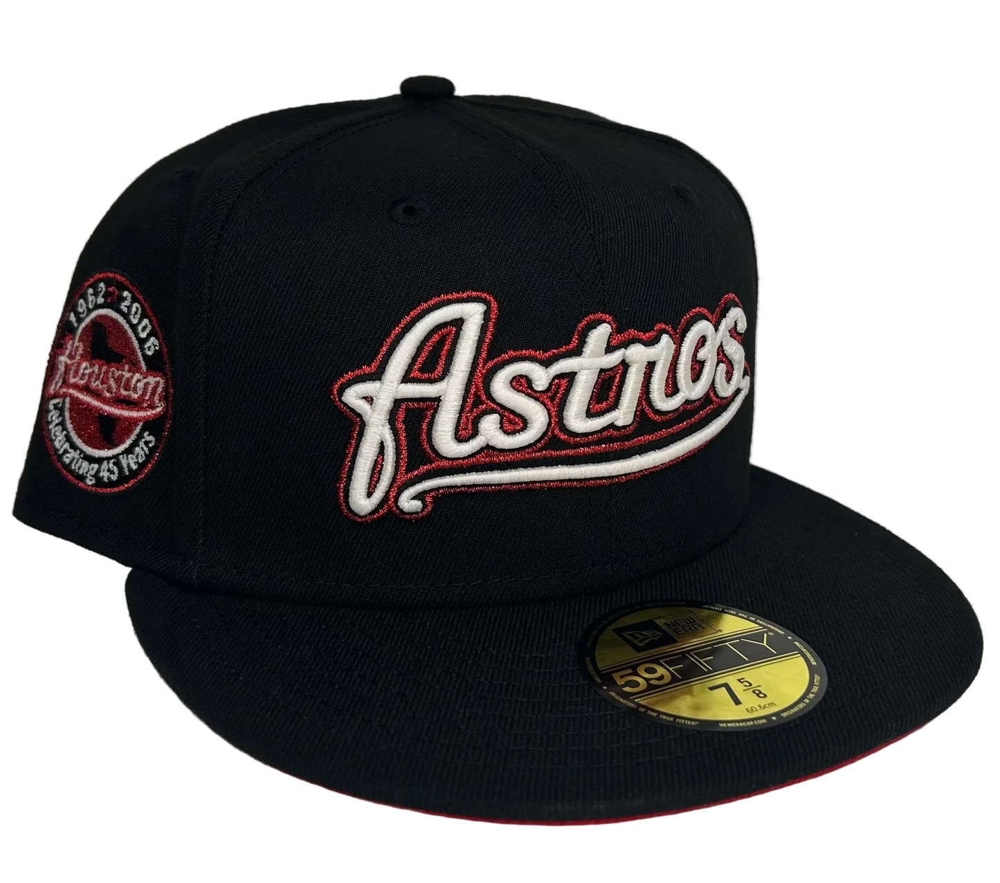 New Era Houston Astros 59FIFTY fitted hat featuring a script logo and a "Celebrating 45 Years" side patch.