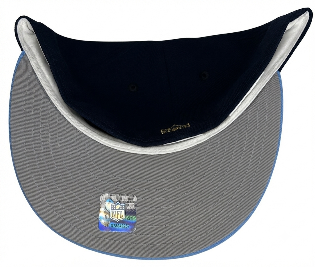 New Era Tennessee Titans 59FIFTY fitted hat in a two-tone navy and light blue design featuring a side patch.