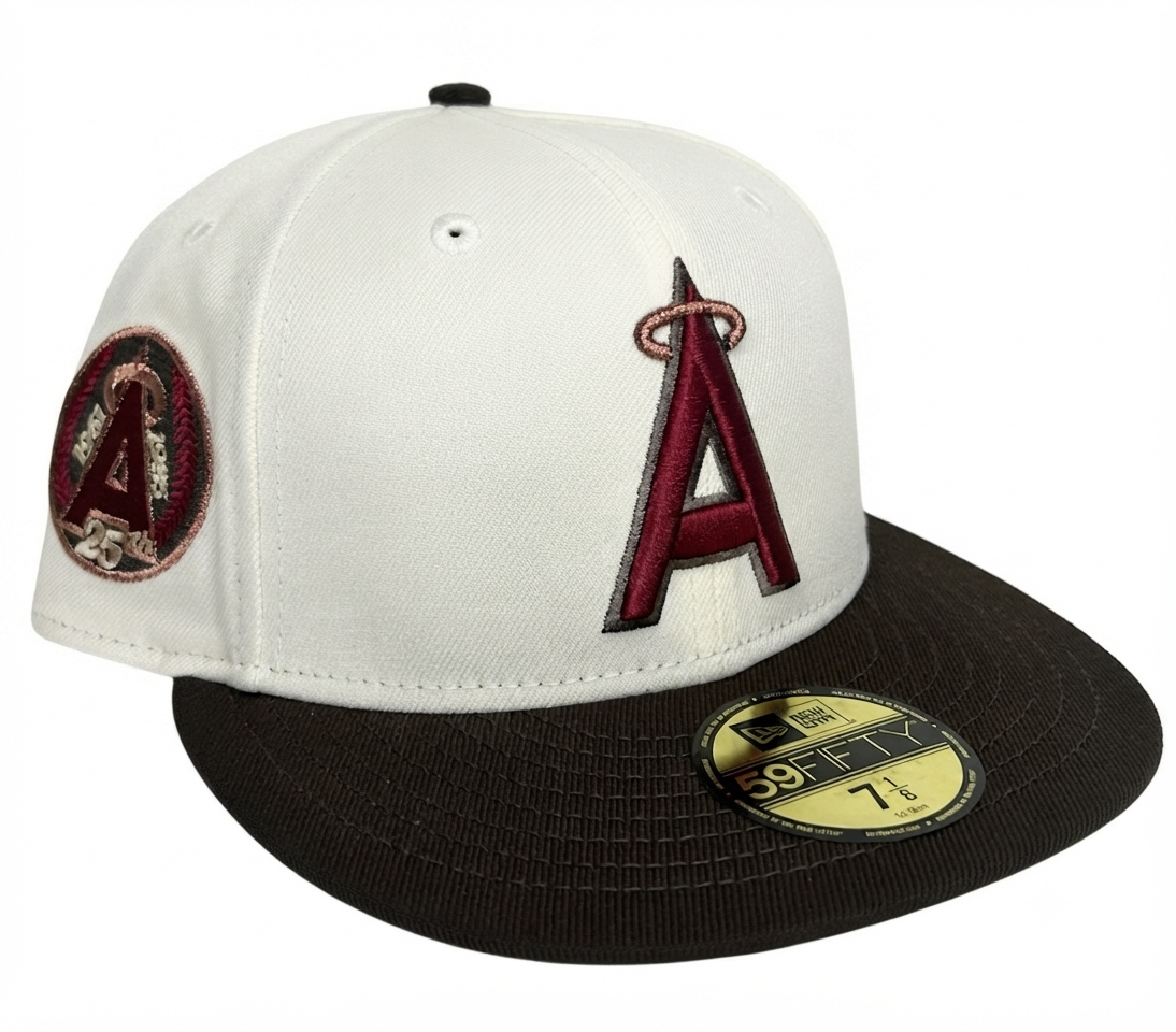 New Era Los Angeles Angels 25th Anniversary 59FIFTY Fitted Hat featuring a cream-colored crown, brown visor, and a special side patch.