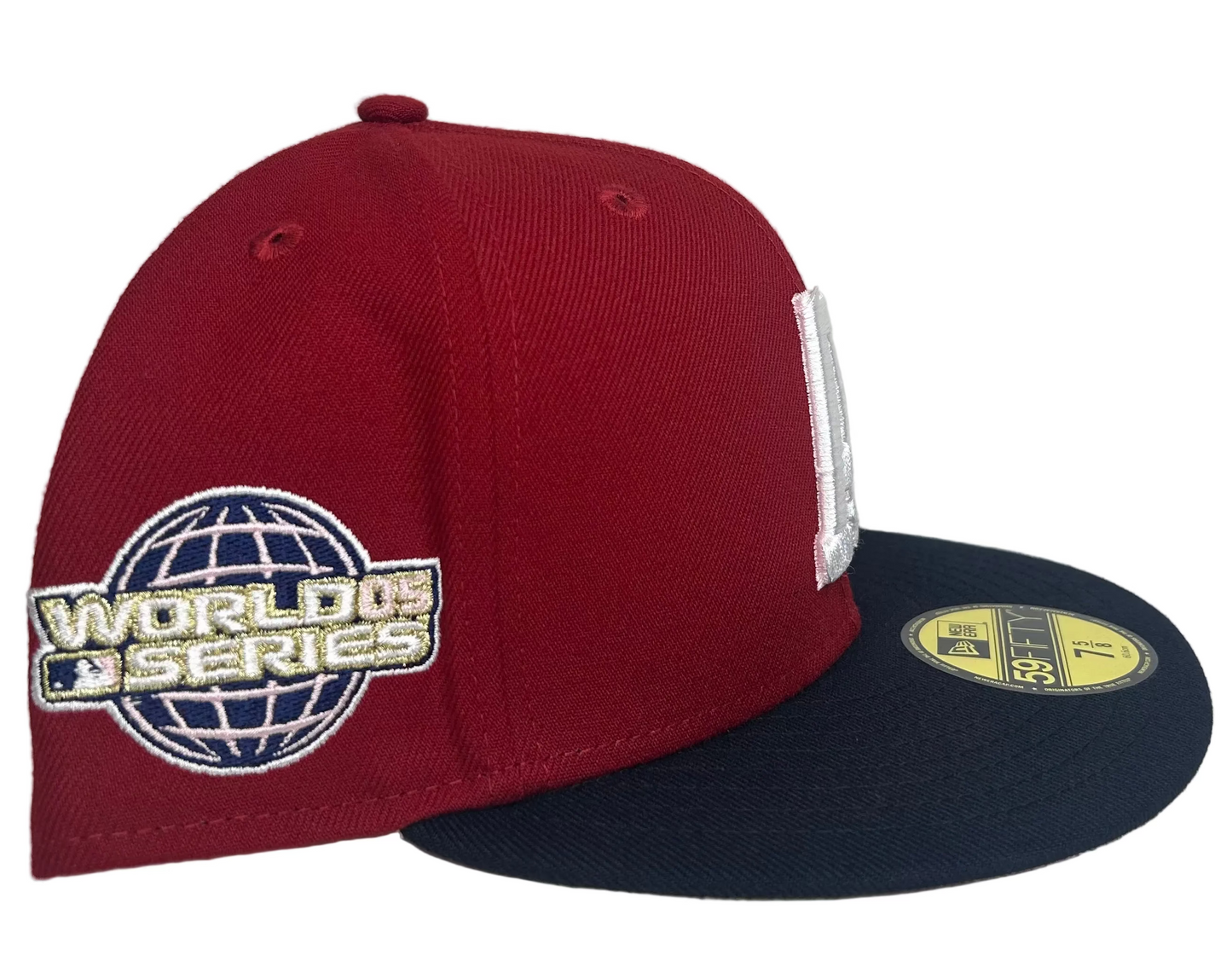 New Era Houston Astros 59FIFTY fitted hat featuring a cardinal red crown and a navy blue visor, adorned with a white "A" logo and a World Series side patch.