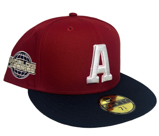 New Era Houston Astros 59FIFTY fitted hat featuring a cardinal red crown and a navy blue visor, adorned with a white "A" logo and a World Series side patch.