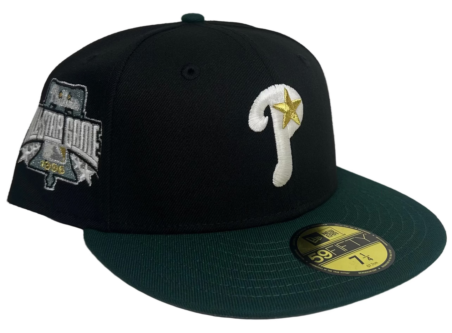 New Era Philadelphia Phillies 59FIFTY fitted hat features a black crown with a dark green visor and a commemorative 1996 All-Star Game side patch.