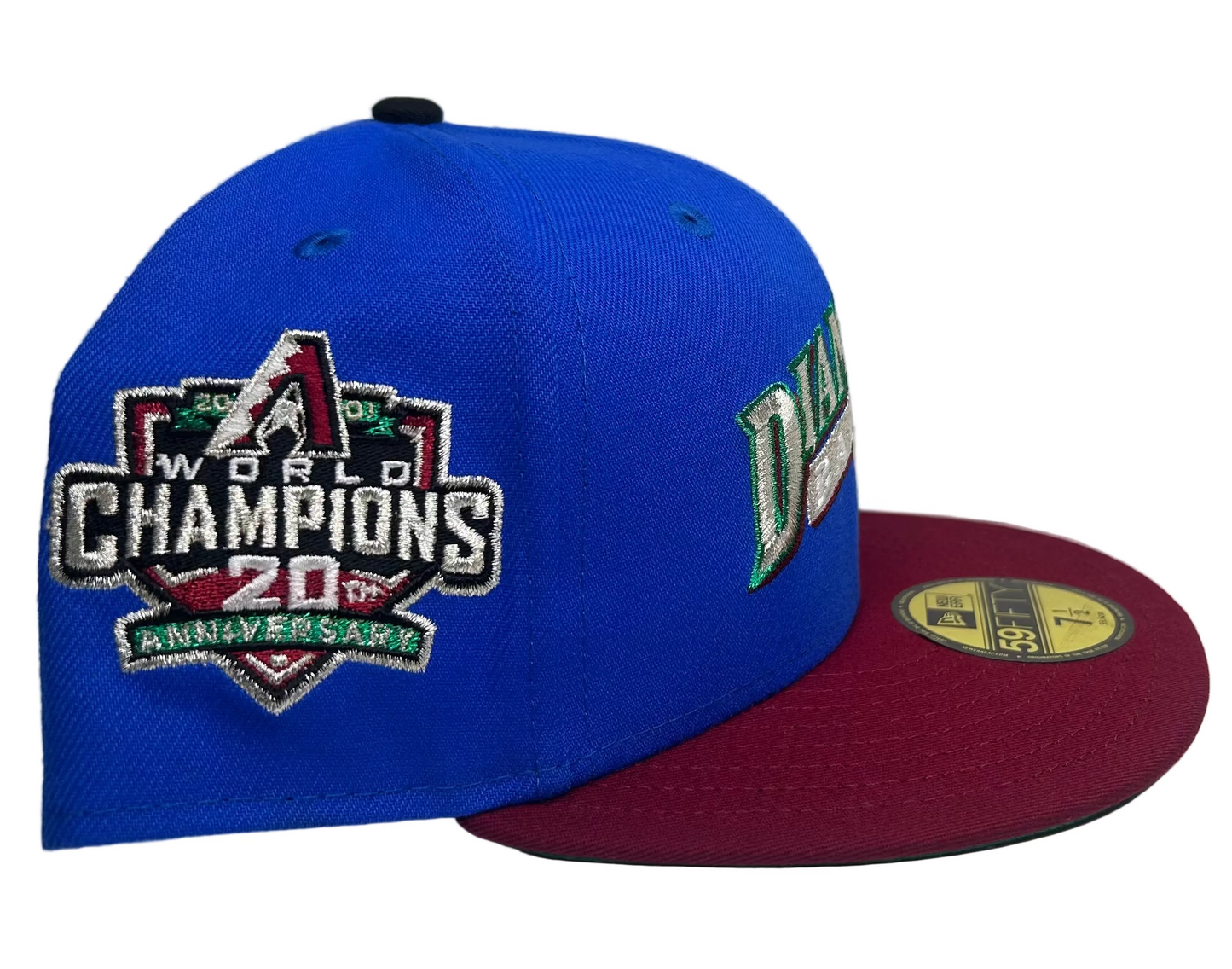 “All The Right” Rushmore Exclusive New Era 59Fifty Arizona D-Back 20th Anniversary World Champions Patch Blue Bead Crown/Cardinal Brim/Green UV.