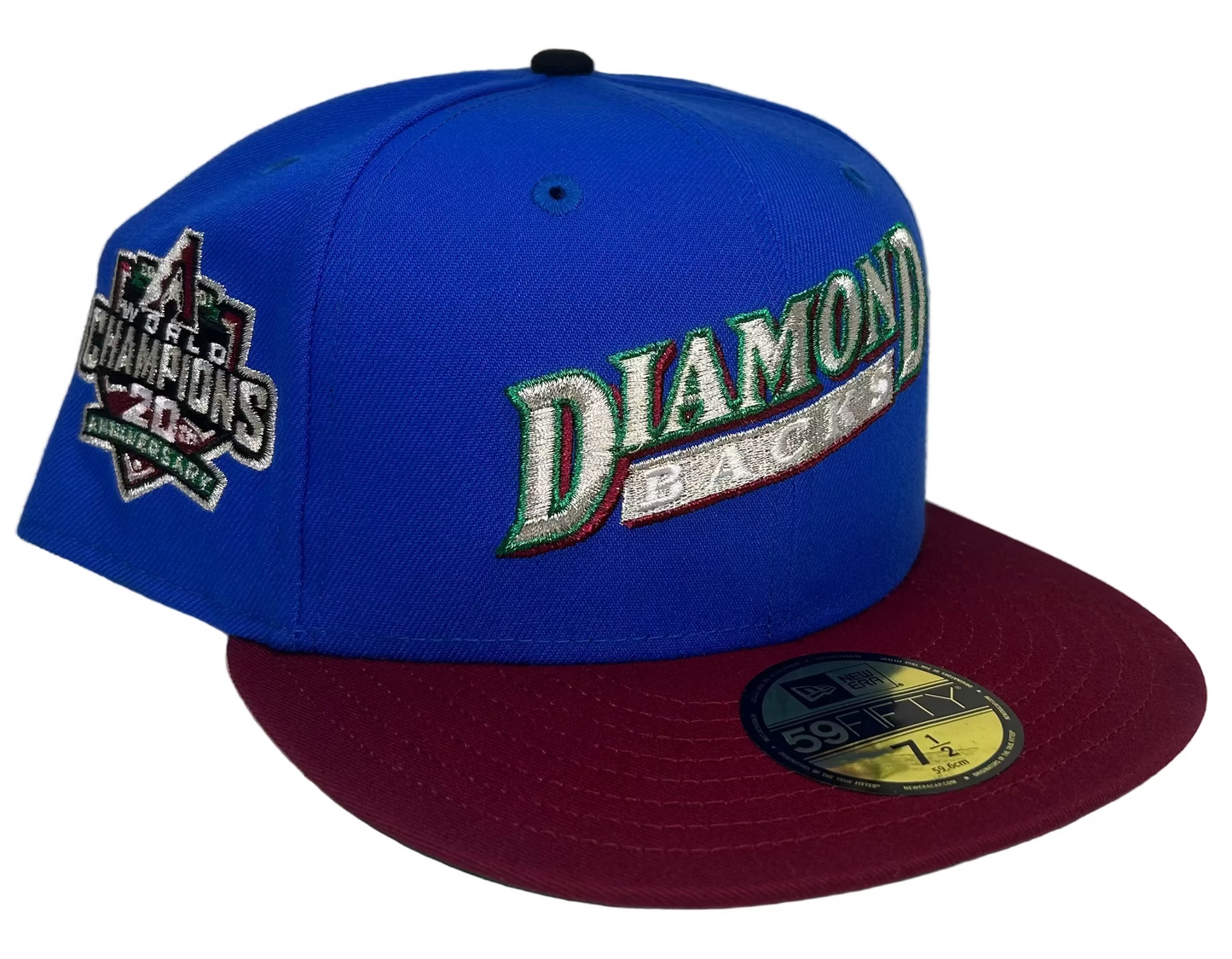 “All The Right” Rushmore Exclusive New Era 59Fifty Arizona D-Back 20th Anniversary World Champions Patch Blue Bead Crown/Cardinal Brim/Green UV.