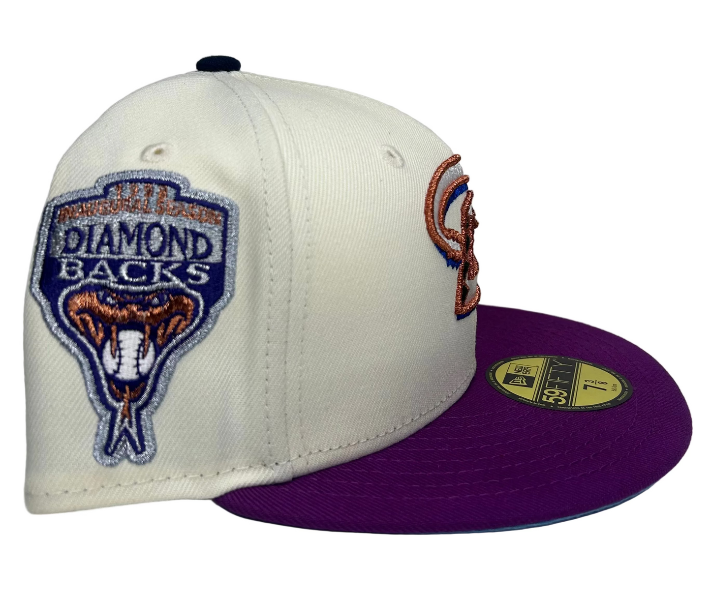 New Era Arizona Diamondbacks 59FIFTY fitted hat featuring a distinct off-white crown and purple visor.