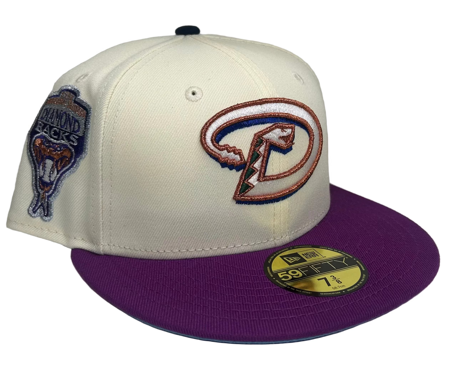 New Era Arizona Diamondbacks 59FIFTY fitted hat featuring a distinct off-white crown and purple visor.