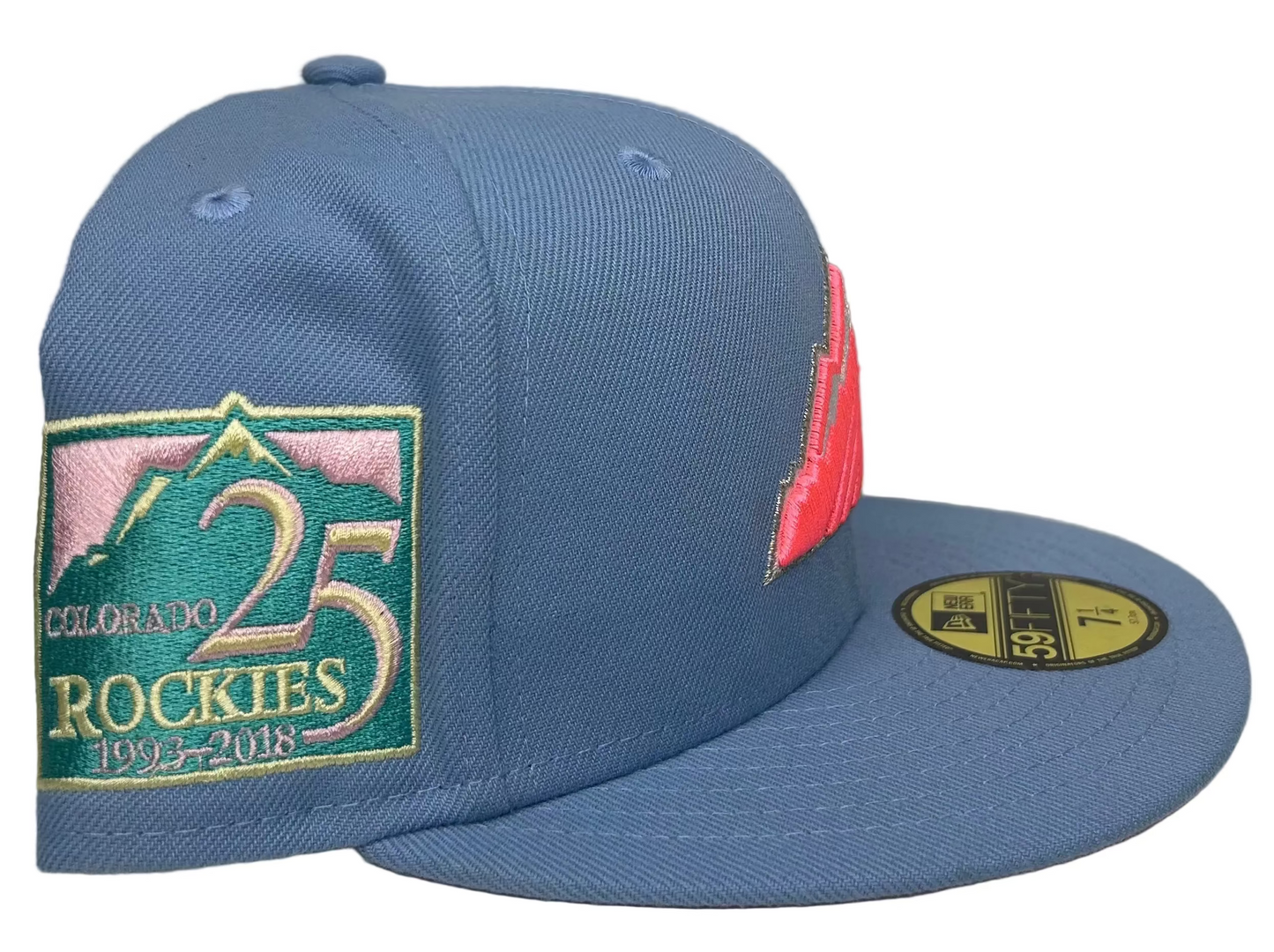 New Era Colorado Rockies "Cotton Candy" 59FIFTY fitted hat features a sky blue crown, a vibrant pink mountain logo on the front, and a special 25th-anniversary patch.
