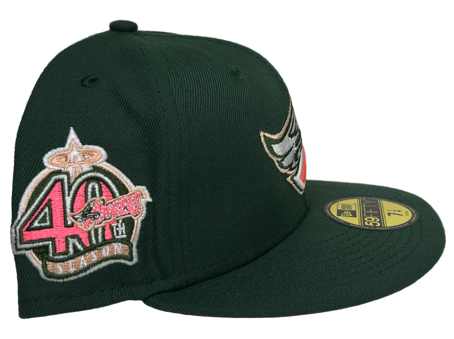 Anaheim Angels “Watermelon” 59FIFTY fitted hat features a special 40th-anniversary side patch and an Red under-visor.
