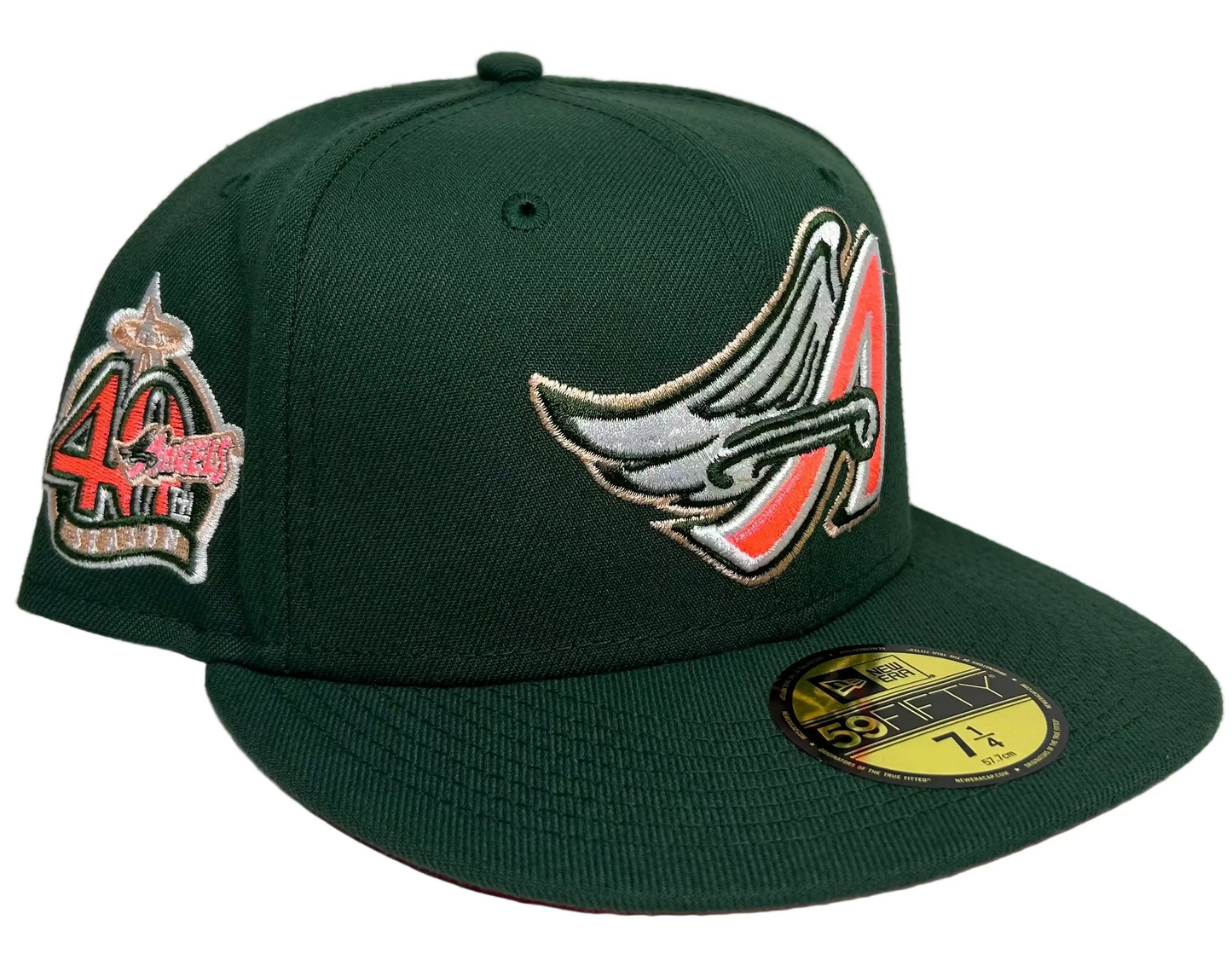 Anaheim Angels “Watermelon” 59FIFTY fitted hat features a special 40th-anniversary side patch and an Red under-visor.