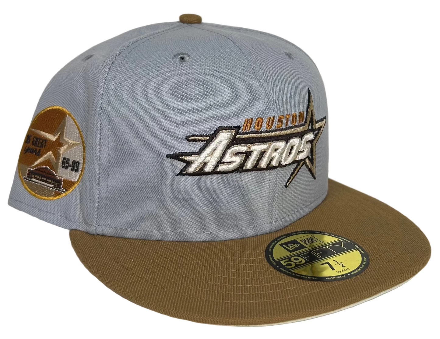 New Era Houston Astros 59FIFTY fitted hat from the "Autumn Storm" pack, featuring a gray crown, tan visor, and a 35th Anniversary Astrodome side patch.