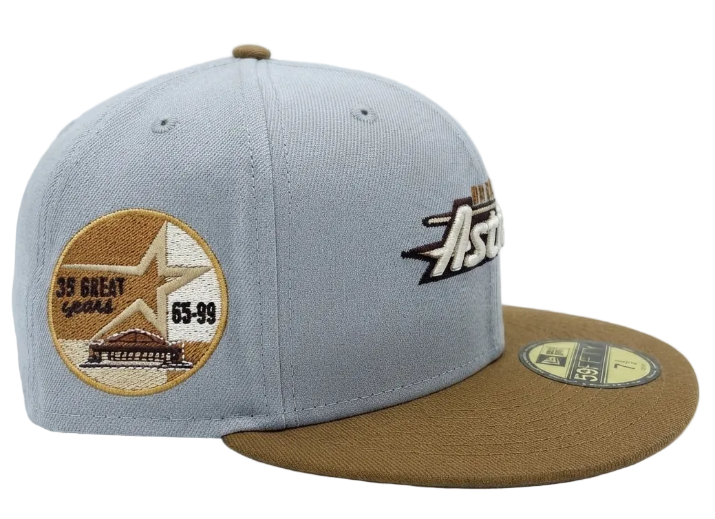 New Era Houston Astros 59FIFTY fitted hat from the "Autumn Storm" pack, featuring a gray crown, tan visor, and a 35th Anniversary Astrodome side patch.
