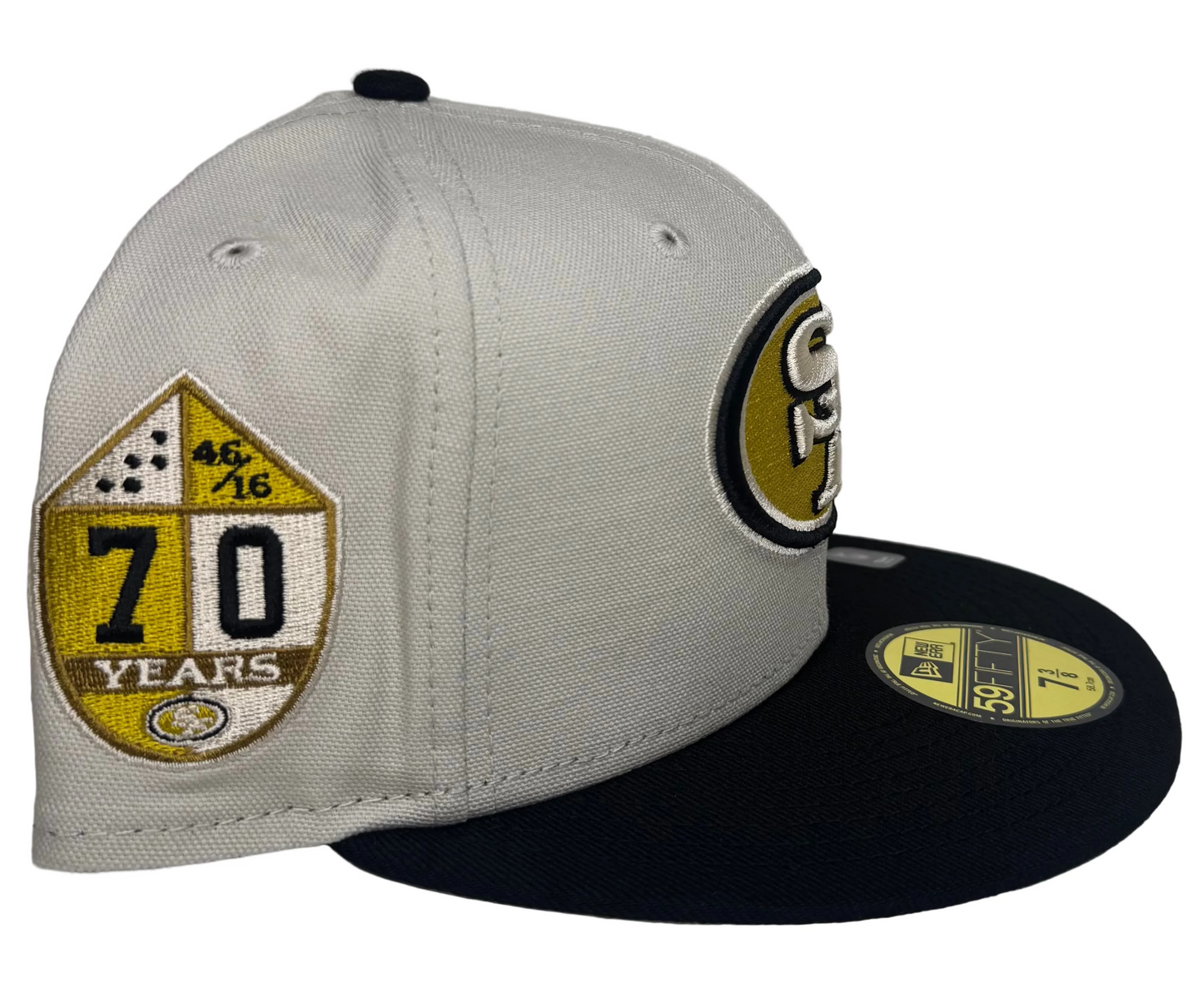 San Francisco 49ers Two Tone Stone 70th Anniversary Patch Gray UV New Era 59FIFTY Fitted Hat.