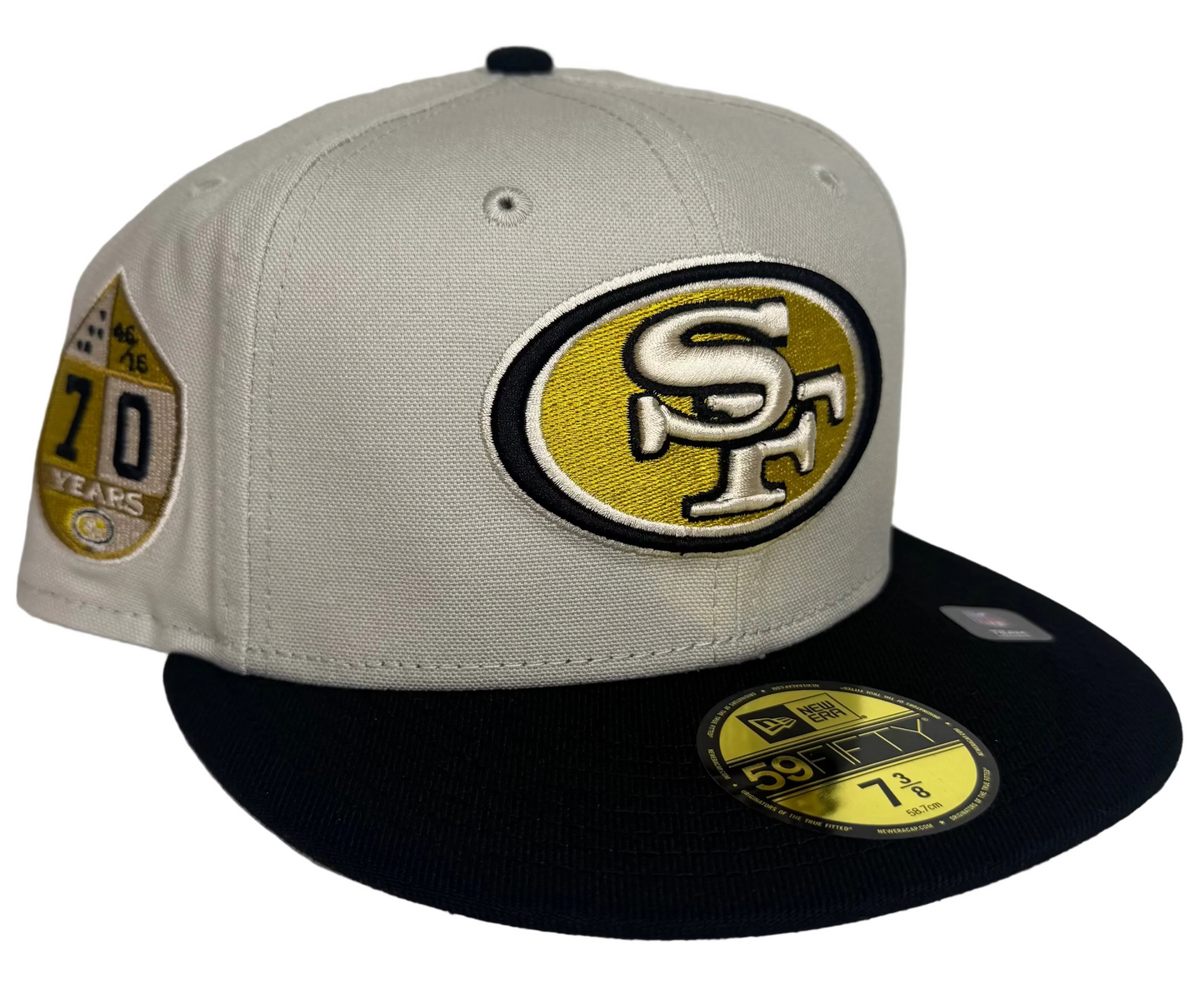 San Francisco 49ers Two Tone Stone 70th Anniversary Patch Gray UV New Era 59FIFTY Fitted Hat.