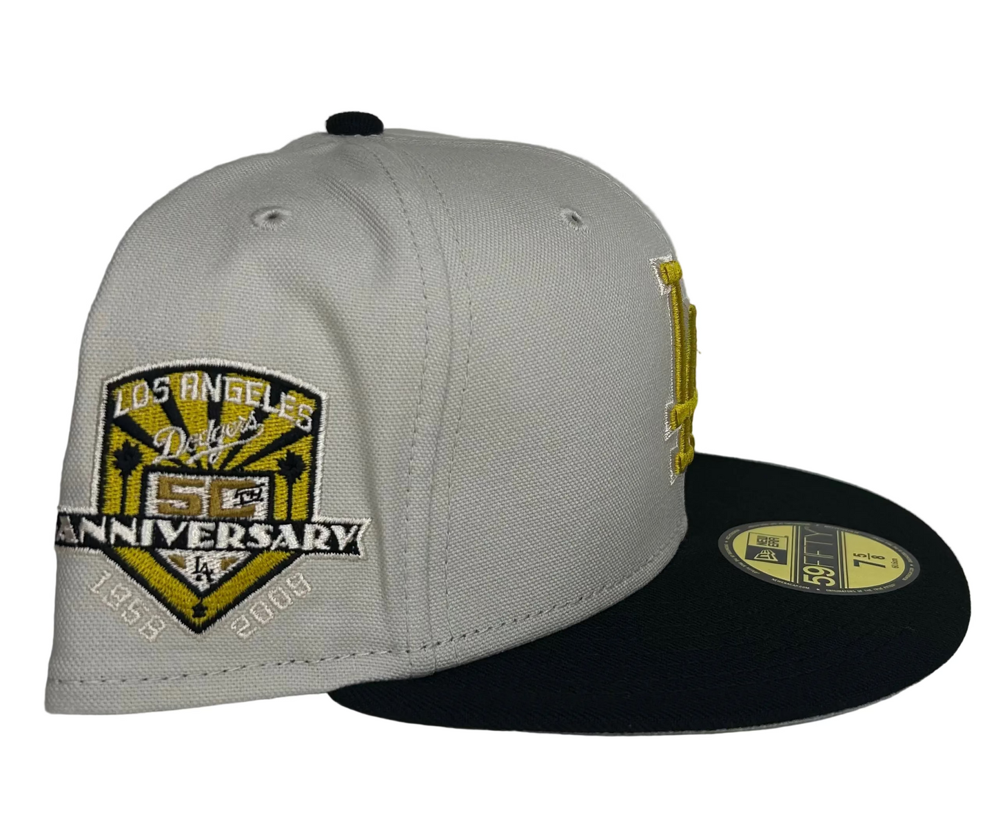 New Era Los Angeles Dodgers 50th Anniversary Stone Two-Tone Edition 59Fifty fitted hat featuring a gold embroidered logo.