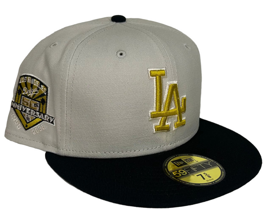 New Era Los Angeles Dodgers 50th Anniversary Stone Two-Tone Edition 59Fifty fitted hat featuring a gold embroidered logo.