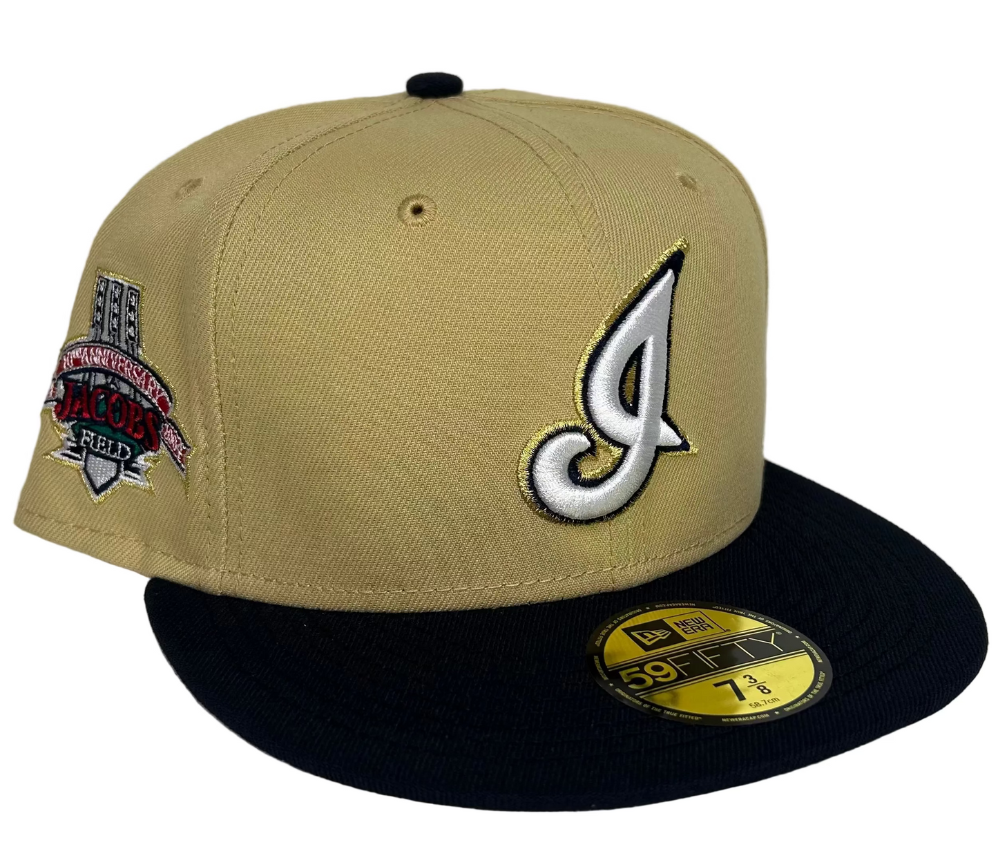 New Era Cleveland Indians 10th Anniversary Jacobs Field Vegas Two Tone Edition 59Fifty Fitted Cap features a striking metallic gold embroidered script logo.