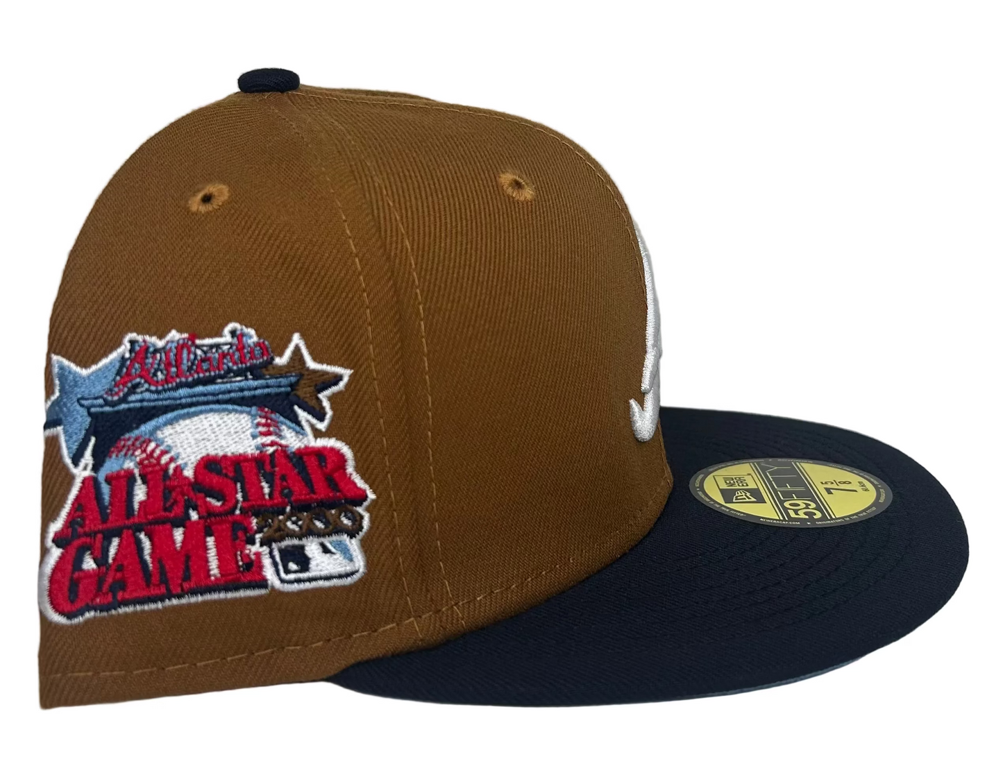 New Era Atlanta Braves 59FIFTY fitted hat features a brown crown and navy blue visor & Icy UV  with a 2000 ASG side patch.