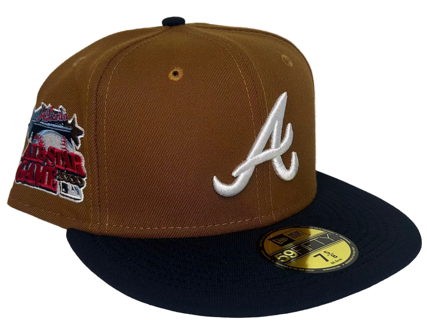 New Era Atlanta Braves 59FIFTY fitted hat features a brown crown and navy blue visor & Icy UV  with a 2000 ASG side patch.