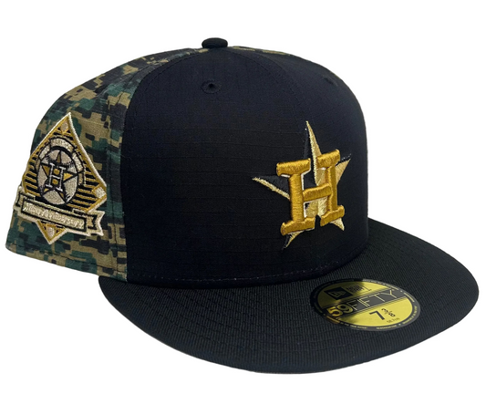 New Era Houston Astros 59FIFTY fitted hat from the 2024 MLB Armed Forces Day collection, featuring a camouflage pattern on the side panels and a gold embroidered team logo.