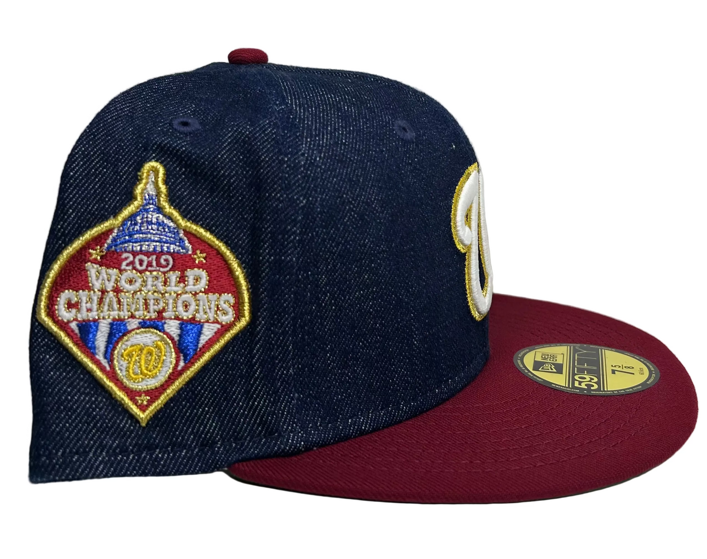 New Era Washington Nationals fitted hat features a denim crown and a burgundy visor.