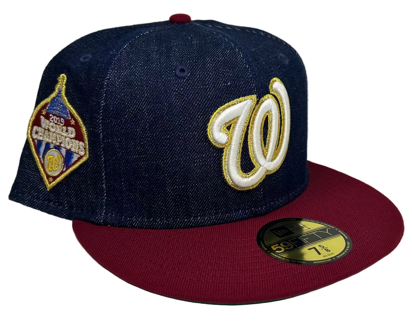 New Era Washington Nationals fitted hat features a denim crown and a burgundy visor.