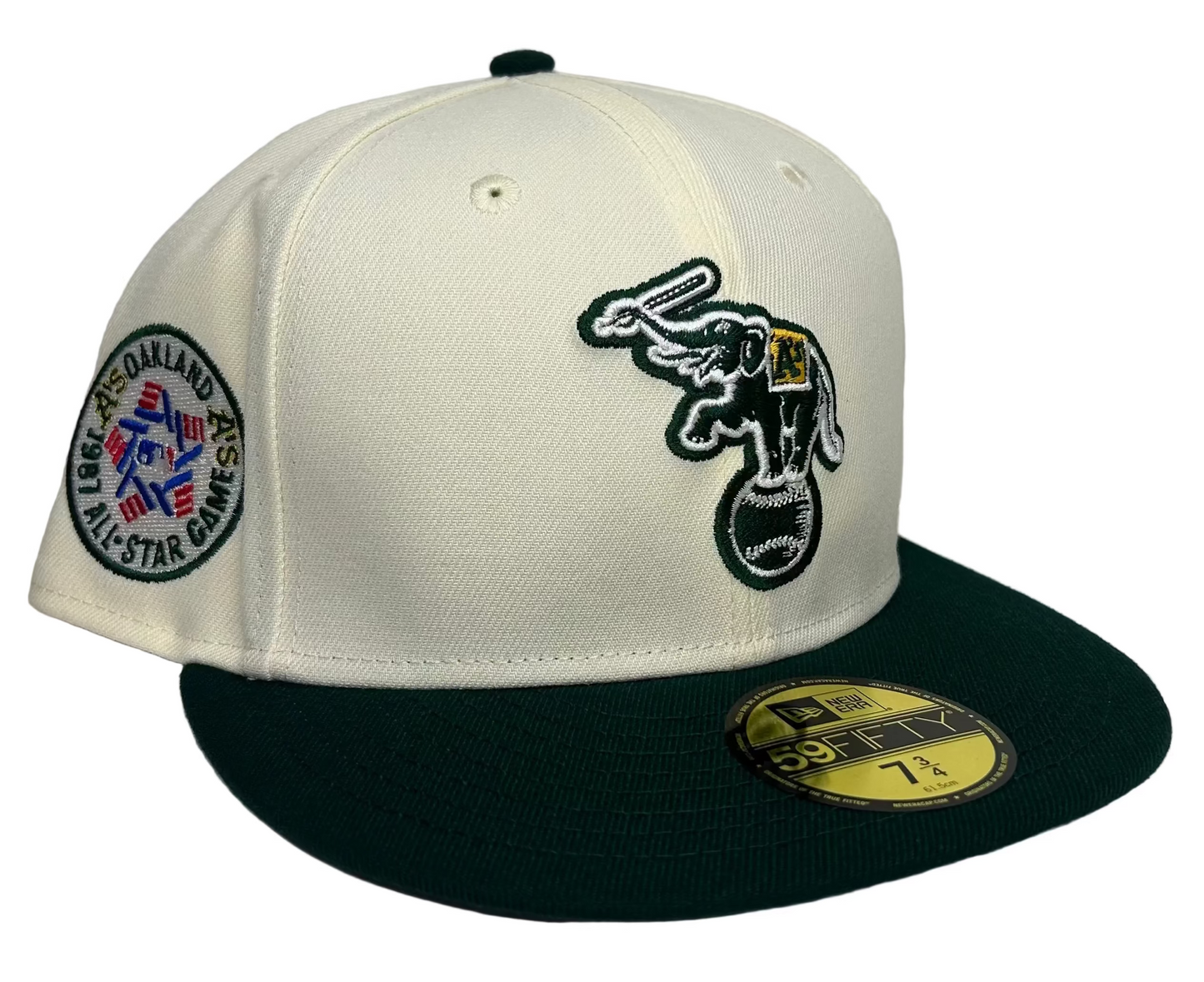 Off White Oakland Athletics 1987 All Star Game New Era 59Fifty Fitted hat featuring an off-white crown, dark green visor, and the classic elephant mascot logo on the front.