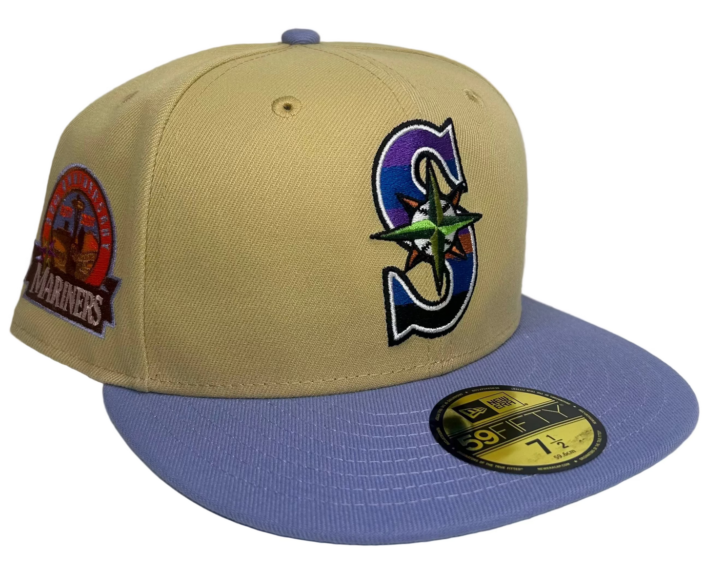 New Era Seattle Mariners 59FIFTY fitted hat features a khaki-tan crown and a pastel lavender visor with a commemorative side patch.