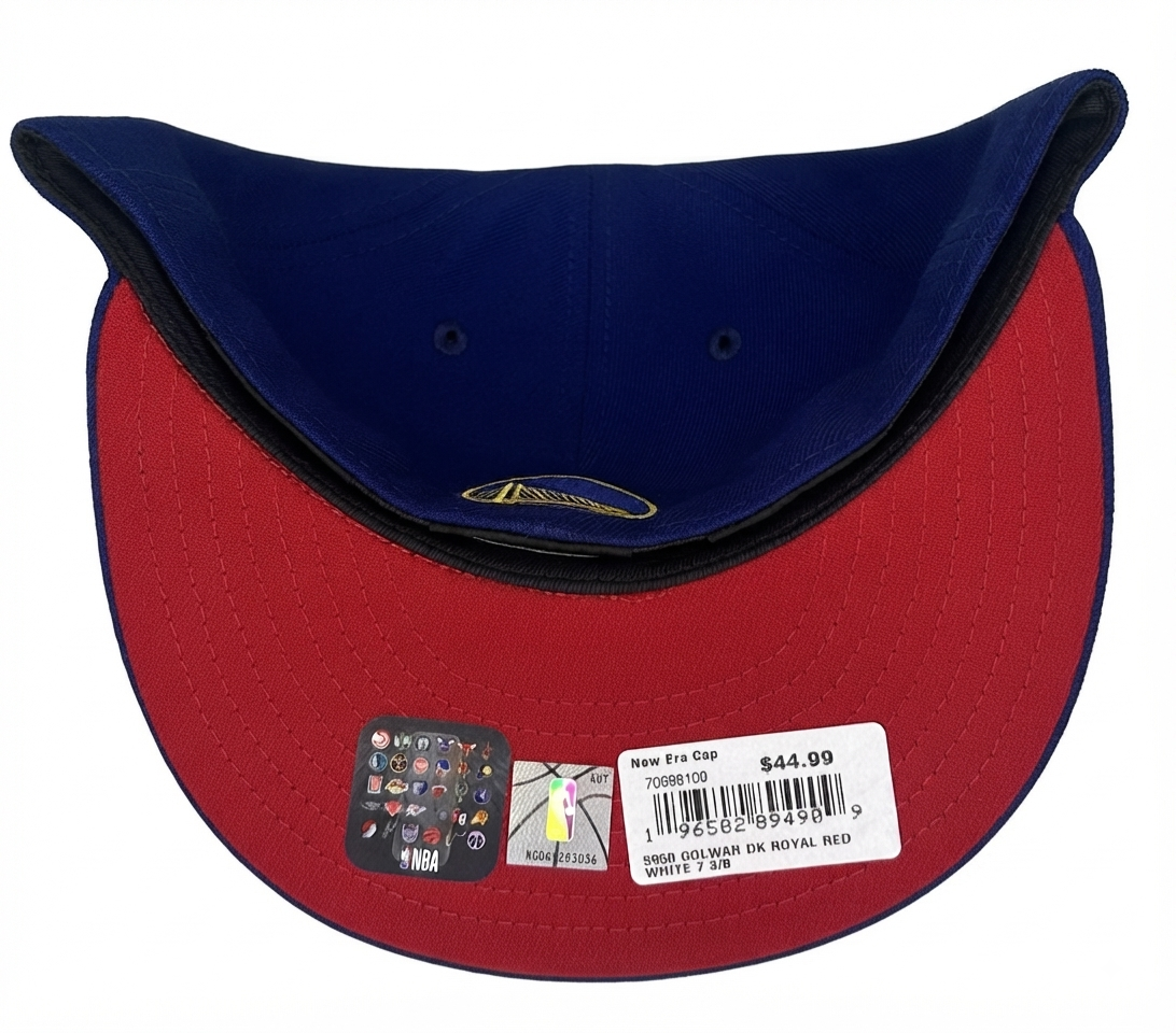 New Era 59FIFTY Golden State Warriors royal blue fitted cap featuring raised red and white "WARRIORS" block lettering across the front crown.