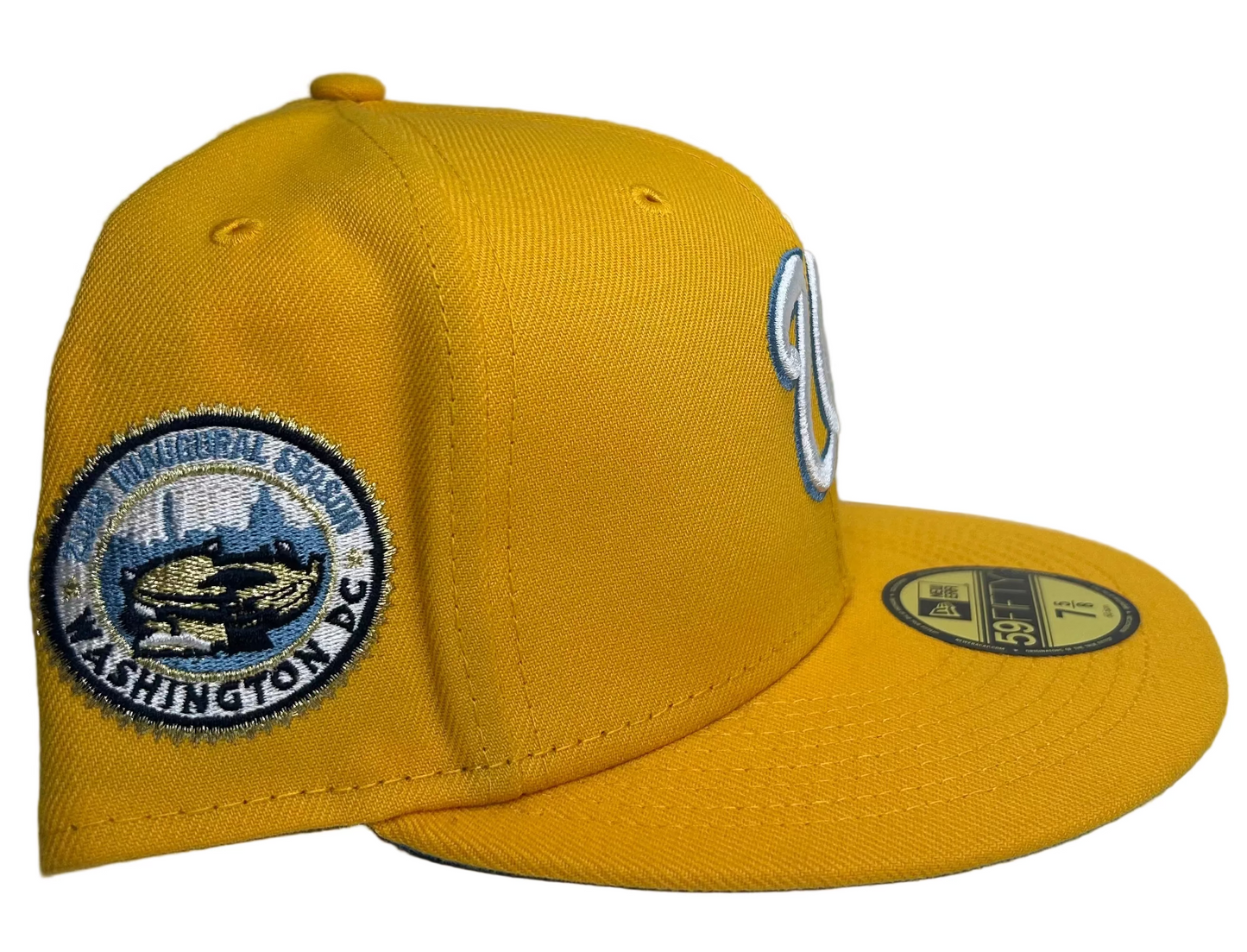 New Era Washington Nationals Lemon Drop 59FIFTY Fitted Hat featuring a bright yellow crown and a distinctive stadium side patch.
