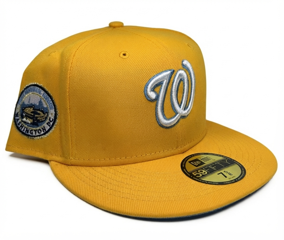 New Era Washington Nationals Lemon Drop 59FIFTY Fitted Hat featuring a bright yellow crown and a distinctive stadium side patch.