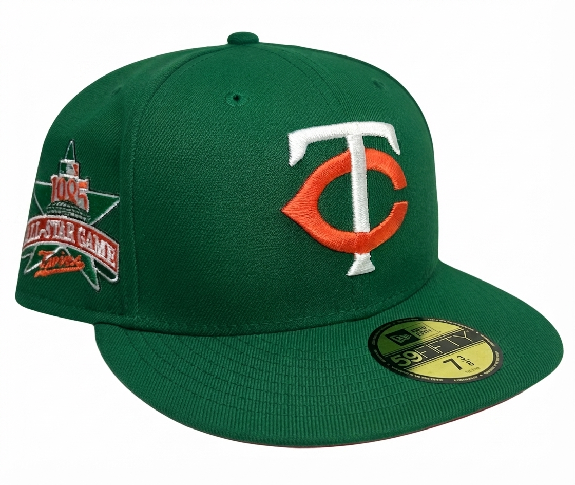 New Era 59FIFTY Minnesota Twins 1985 All-Star Game fitted hat features a vibrant kelly green crown and visor accented by the classic retro TC logo and a commemorative 1985 All-Star Game side patch.