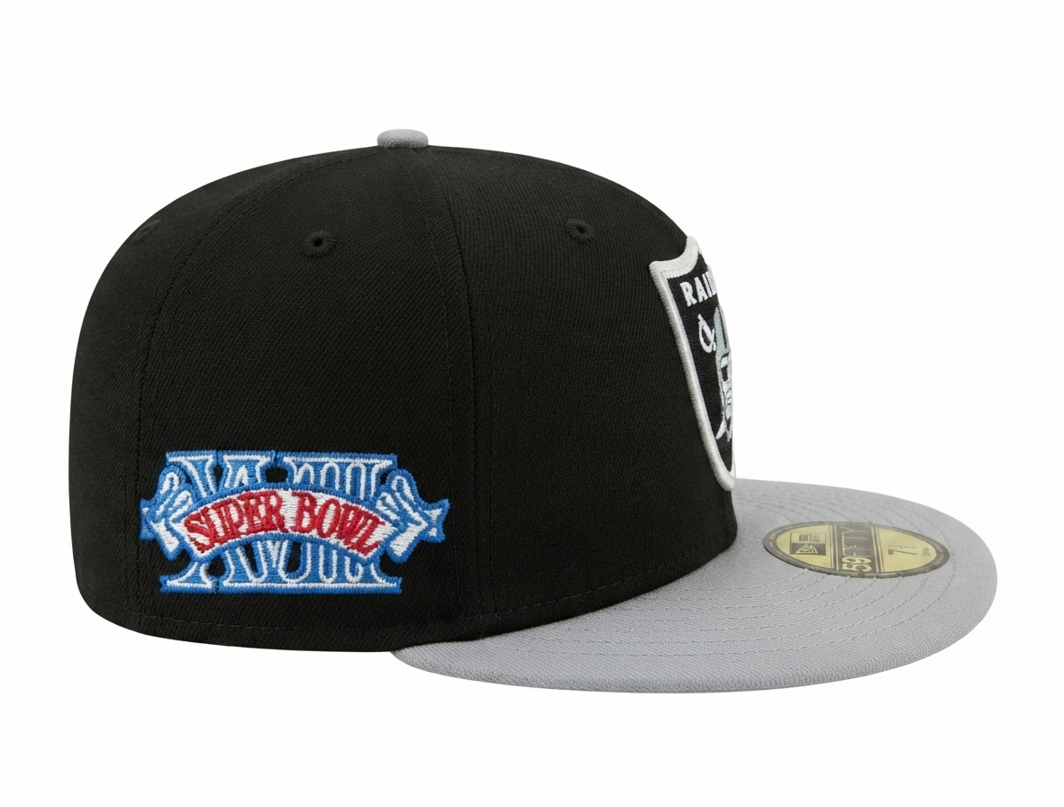 New Era Las Vegas Raiders Super Bowl XVIII Letterman 59FIFTY Fitted Hat featuring a classic black crown, contrasting grey flat brim, and a chenille letterman-style Super Bowl XVIII side patch.