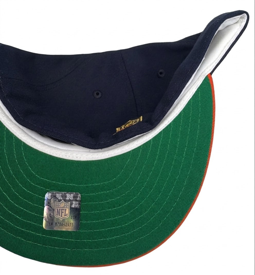 New Era Chicago Bears 2000 NFL Draft Legends Two-Tone 59FIFTY fitted hat featuring a navy crown and orange visor.