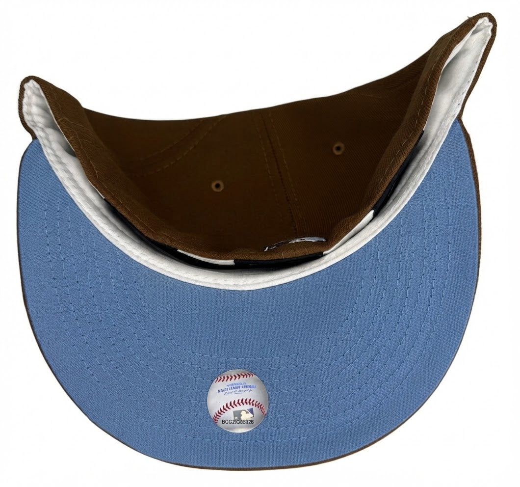 New Era 59Fifty Toast Washington Nationals Icy Blue Bottom 35th Anniversary Side Patch Fitted Hat featuring a distinctive brown crown and a light blue under visor.