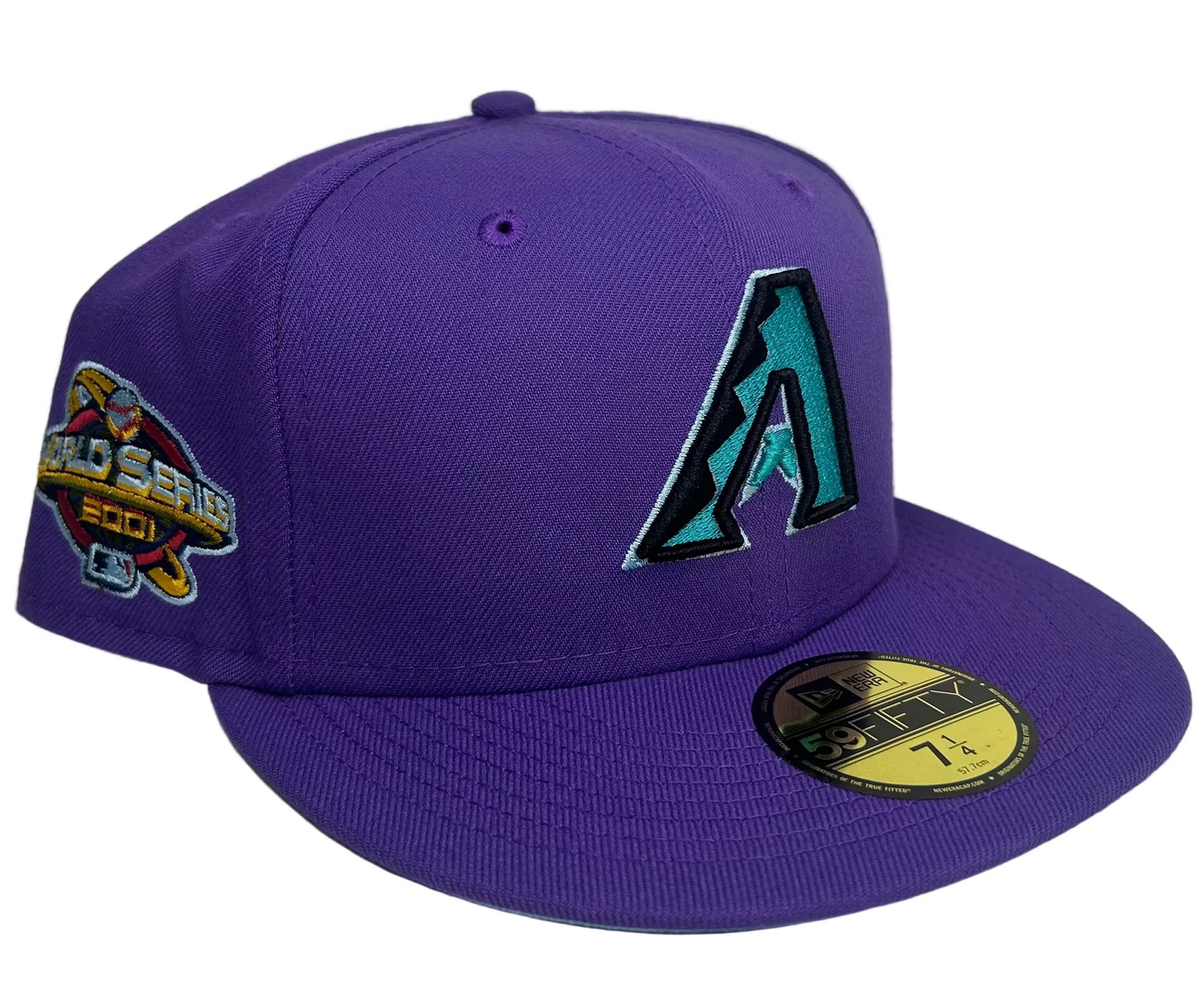 New Era 59FIFTY Arizona Diamondbacks fitted hat featuring a 2001 World Series side patch and a teal-outlined team logo W/ a Cloud Uv.