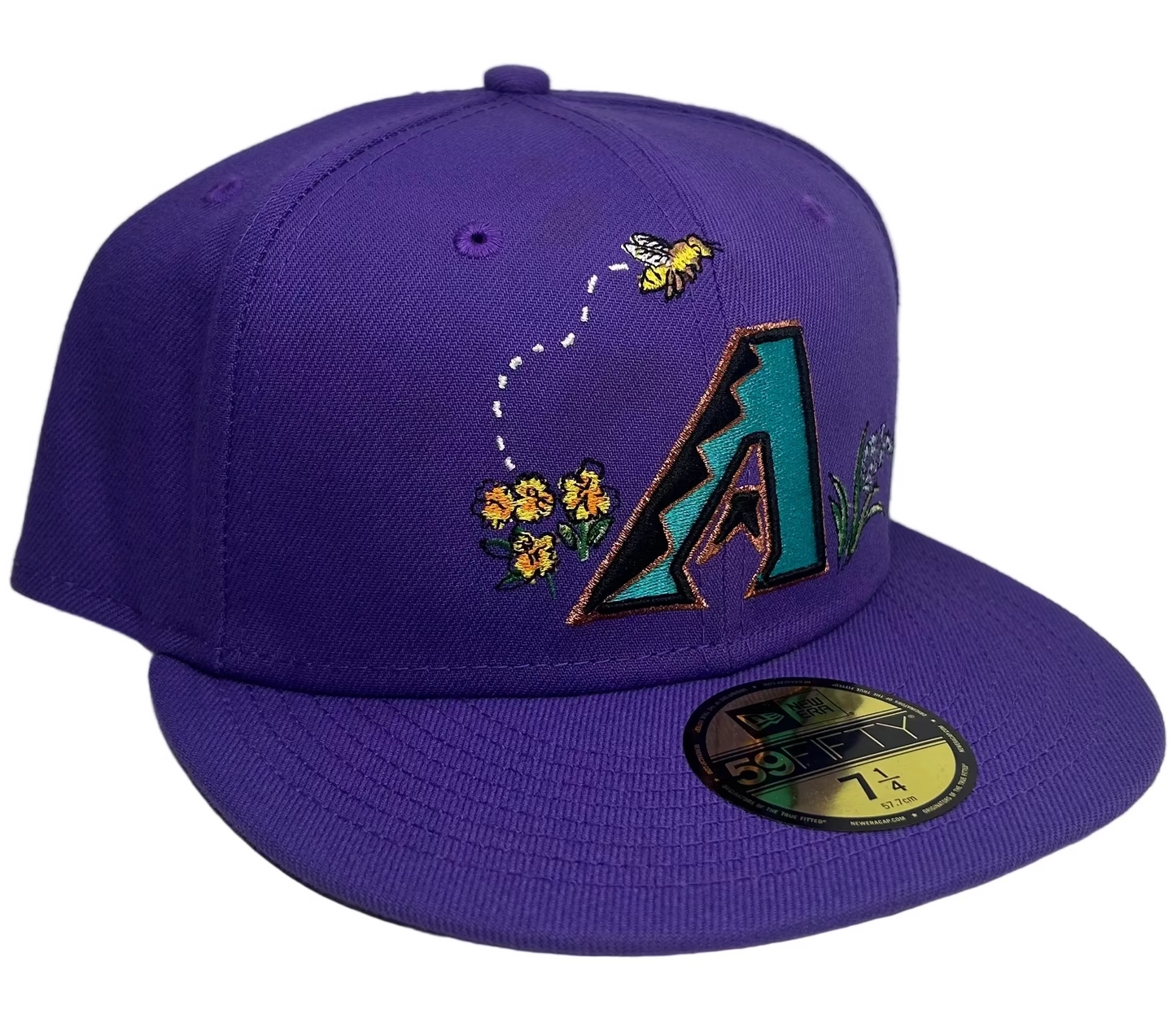 New Era Arizona Diamondbacks "Blooming" / "Watercolor Floral" 59FIFTY fitted hat in purple with vibrant floral and embroidered bee detailing.